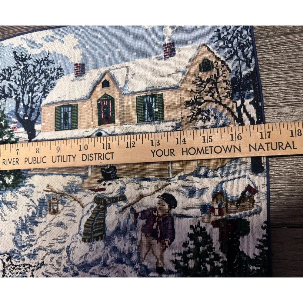 Vintage Set of 4 Christmas Winter Village Scene Tapestry‎ Placemats Blue Trim
